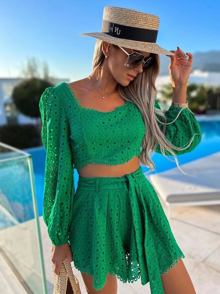 swvws Two Piece Sets Women Spring Shorts Sets Square Collar Puff Long Sleeve Short Top Beach Loose Suits 2 Piece Sets