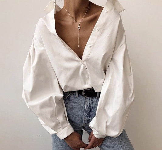 swvws Casual Vintage Button White Blouse Women Lantern Sleeve Oversized Loose Women Shirt Cotton Office Ladies Tops Blusas