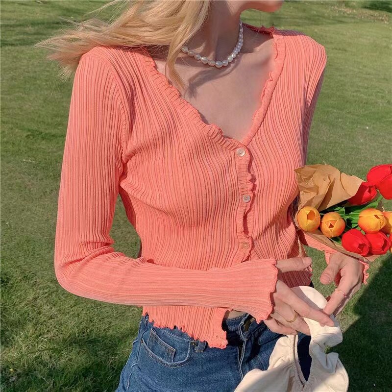 swvws Korean Short Sweater Women V-Neck Thin Cardigan Fashion Long Sleeve Button Slim Knitted Sweater Sun Protection Cropped Top Mujer