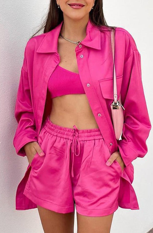 swvws Back To School Silk Satin Shorts Two Piece Set Loose Single Breasted Shirt Lace Up Straight Pants Outfits Female Casual Suits