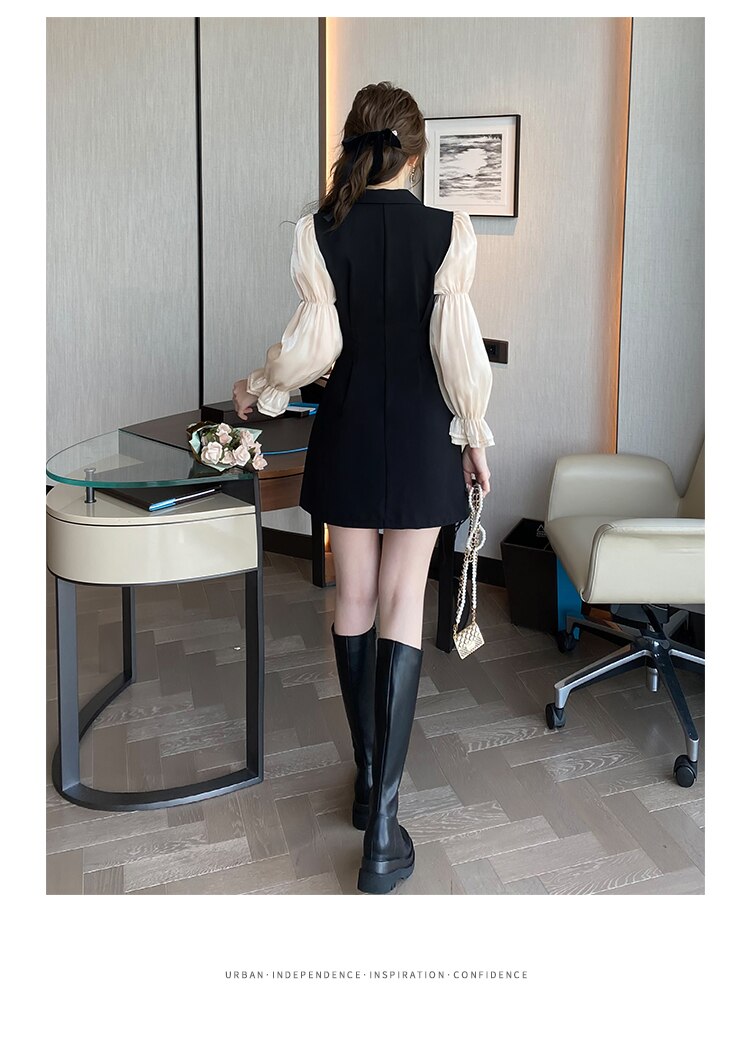 swvws Korean Black Patchwork Short Dresses Women  Autumn New Fashion Slim Office Lady Notched Collar Long Sleeves Female Clothing