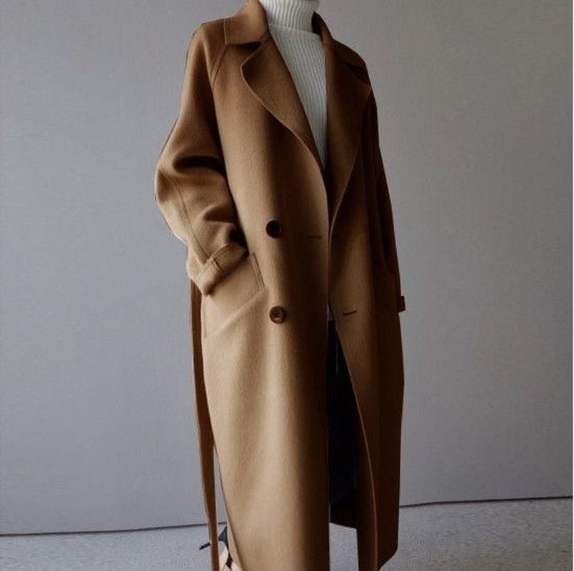 swvws Winter Women's Beige Elegant Wool Blended Solid Color Korean Long Coat Retro Fashion Black Simple Wool Camel Oversized Coat