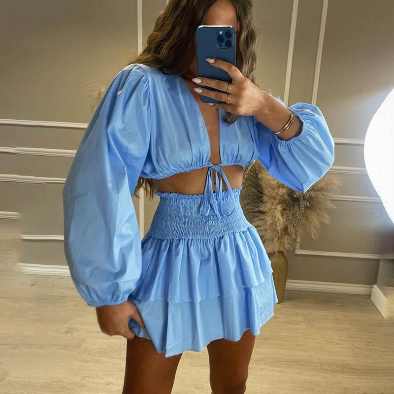 swvws  V Neck Short Tops Suits Women Fashion Lace Up Solid Suit Women Elegant Ruffle Mini Skirts Suits Female Ladies