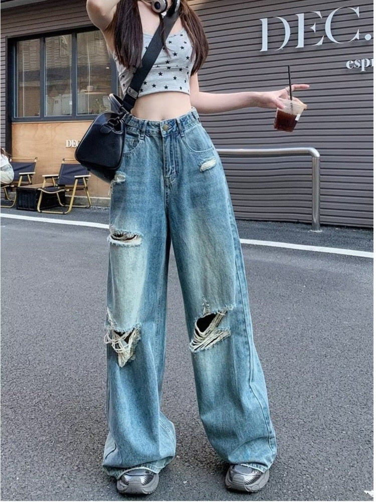 swvws Vintage Pants, Jeans, Women's Torn Wide Leg Pants, Summer High Waisted, Slimming, Loose Fitting Long Pants, Women's Jeans