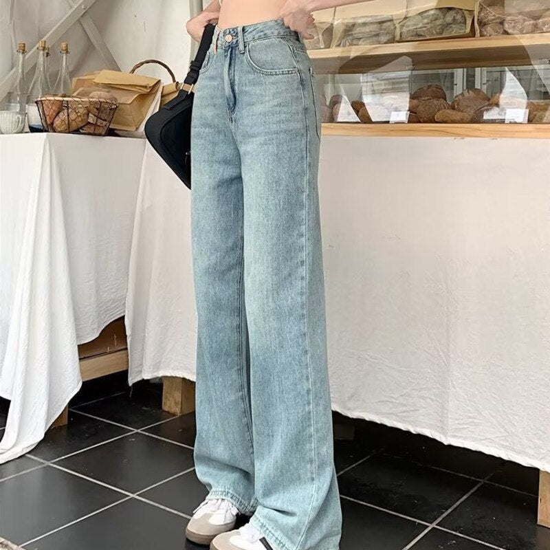 swvws Baby Blue Loose Straight Jeans Women's High Waist Thin Summer Thin Design Tassel Versatile Wide Leg Pants Trend