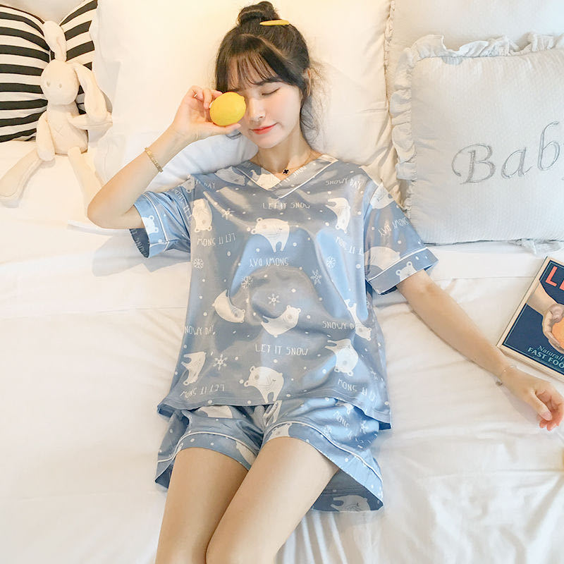 swvws Women's Summer Short-Sleeved Ice Silk Pajamas Loose And Comfortable Homewear Pajama Set Women Sleepwear