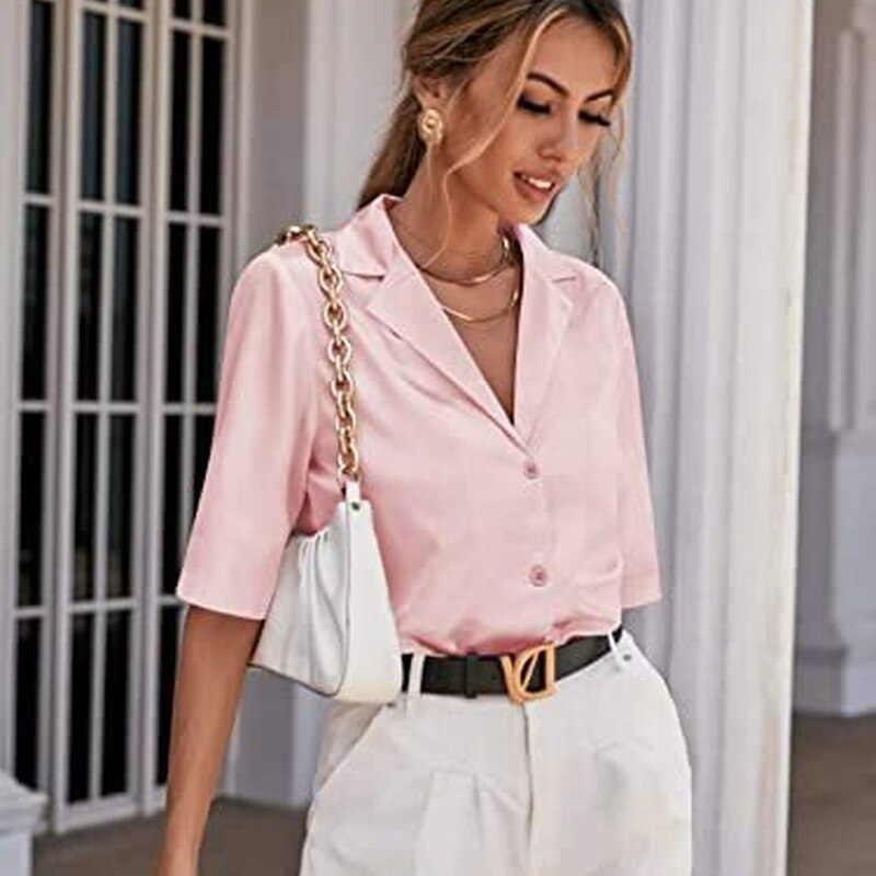 swvws Short Sleeve Satin Blouse Women  Summer Notched White Silk Shirt Elegant Office Lady Simple Button Up Casual Shirts 19935