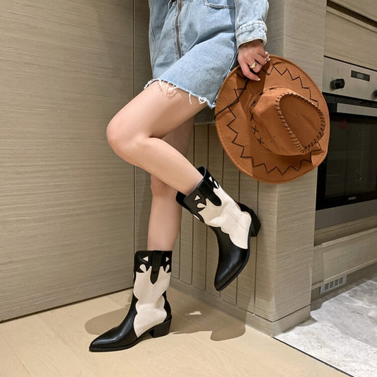 swvws  Autumn Shoes   NEW Autumn Fashion Women Boots Pointed Toe Chunky Heel Shoes Women Genuine Leather Boots Women Black Western Boots Cowboy Boots