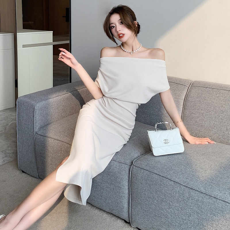 swvws French Temperament Celebrity Wind Sexy Strapless Oblique Collar Dress Female Spring and Summer Slim Open Package Hip Long Dress