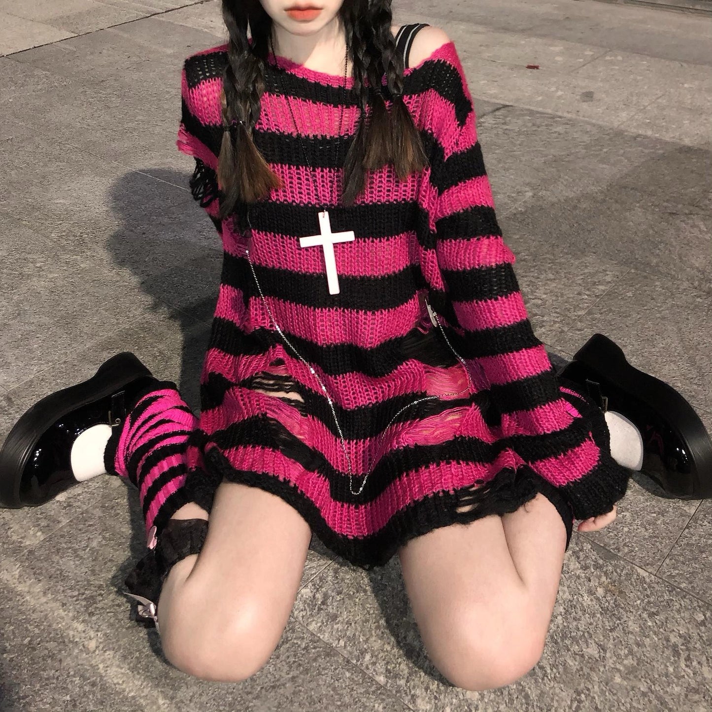 swvws Pink Striped Gothic Sweaters Women Ripped Holes Loose Knitted Pullover Frayed Fairy Grunge Jumpers Emo Streetwear Lolita