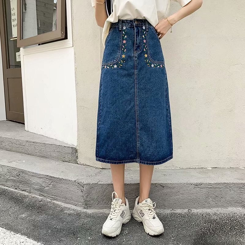 swvws  New Denim Skirt Women's Spring And Autumn Design Sense Mid-length High Waist Large Size Slim Embroidered Long Skirt