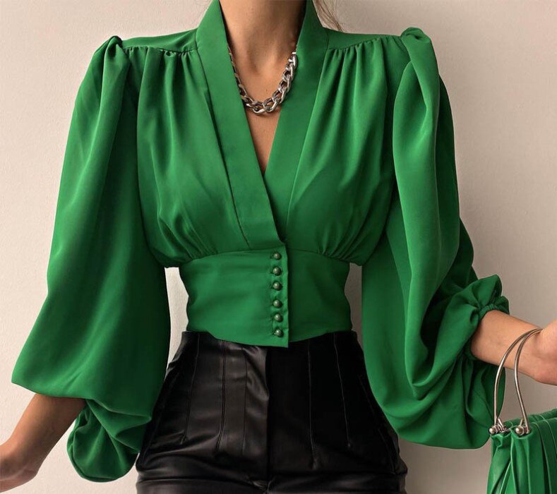 swvws Sexy Keyhole Halter Long-Sleeved Blouse Elegant High Collar Ruffled Solid Shirt Streetwear Ladies Casual Top  New Solid