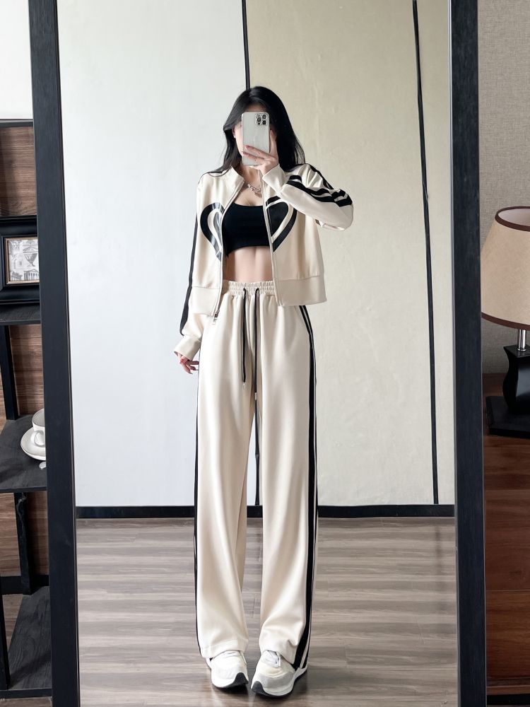 swvws  New Spring and Autumn Zipper Jacket High Waist Wide Leg Pants Two-piece Fashion Casual Loose Long-sleeved Sports Suit Women