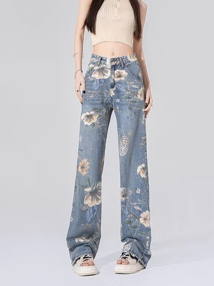 swvws Street Printed Jeans, Female Niche Design, Trendy Vibe High Waisted Drape, Straight Leg Wide Leg Long Pants, Women's Jeans