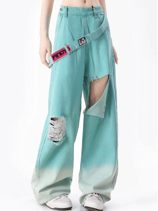 swvws Spring and Autumn Dopamine Leisure Network Red Fried Street Age Reducing Gradient Denim Wide Leg Pants Women's Jeans