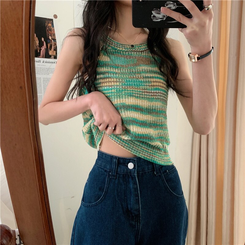 swvws Colorful Striped Summer Tanks Tops Women Korean Rainbow Sleeveless Shirts Top O-Neck Slim Knitted Top Slim Sexy Streetwear