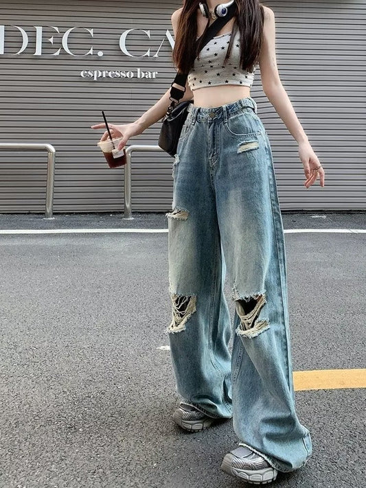 swvws Vintage Pants, Jeans, Women's Torn Wide Leg Pants, Summer High Waisted, Slimming, Loose Fitting Long Pants, Women's Jeans