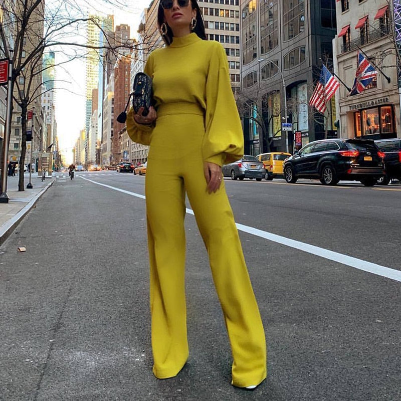 swvws  Women Fashion Elegant Backless Long Sleeve Wide Leg Pant Rompers Chic Turtleneck Solid Office Long Jumpsuit Casual Overalls