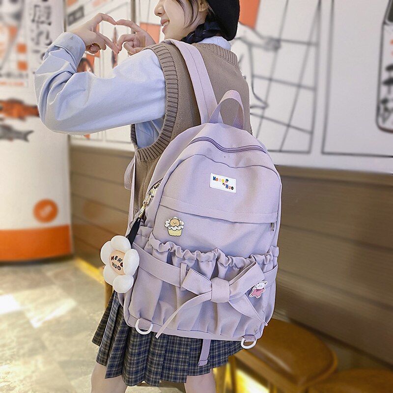 Back To School Korean Style Women Sweet Backpack Large Capacity Open Pockets Kawaii Female Bow School Bags for Teenager Girls Travel Backpacks