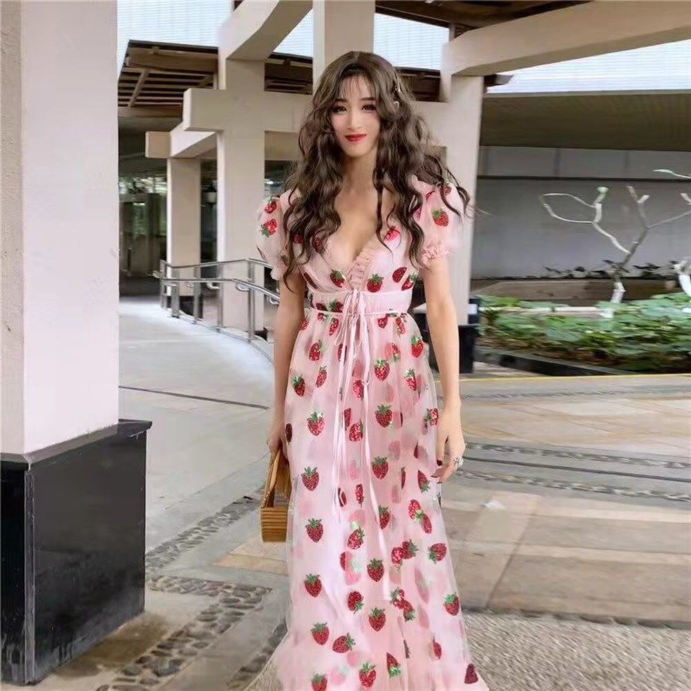 Women Long Party Strawberry Dress Summer Sequin Mesh Sweet Lolita High Waist Pink Tulle Maxi Dress Original Ruffle Hem Gown