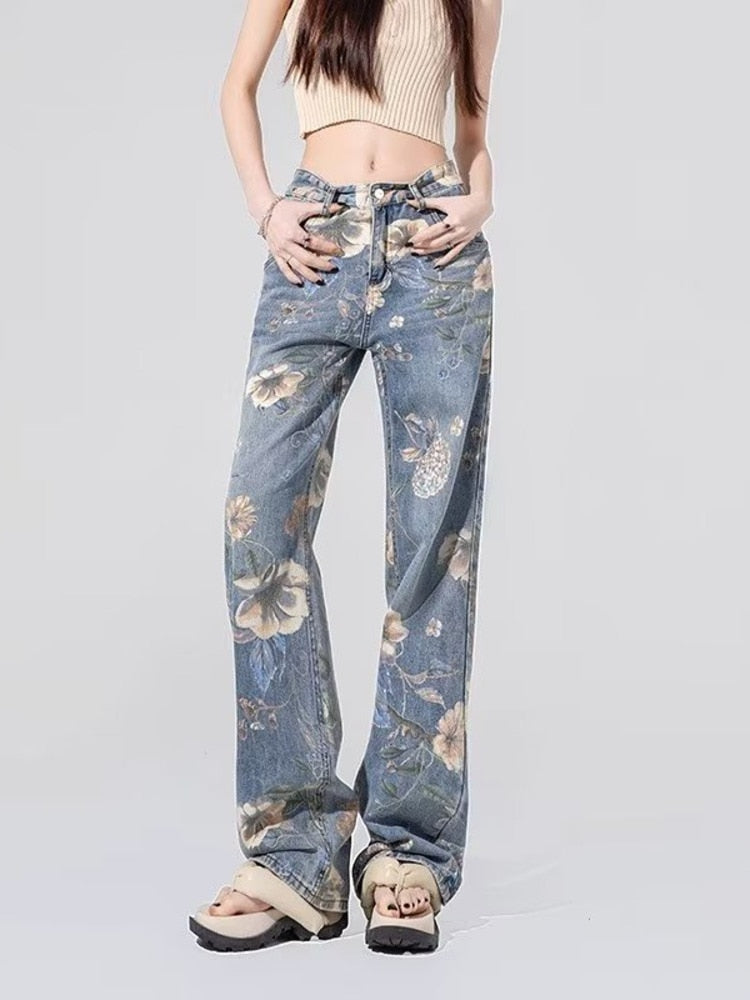 swvws Street Printed Jeans, Female Niche Design, Trendy Vibe High Waisted Drape, Straight Leg Wide Leg Long Pants, Women's Jeans