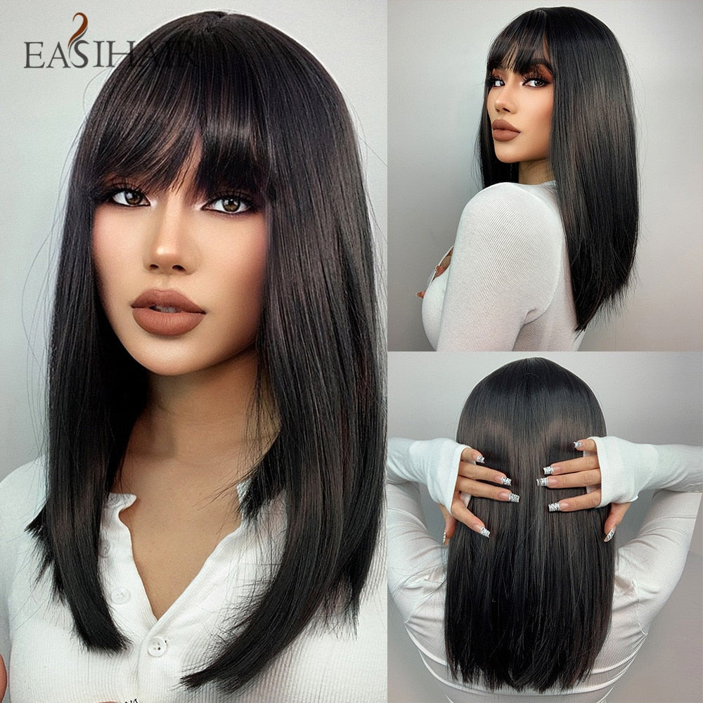 swvws  Short Straight Bob Wigs With Bang Golden Brown Natural Synthetic Hair For Women Daily Cosplay Heat Resistant Fiber Wigs