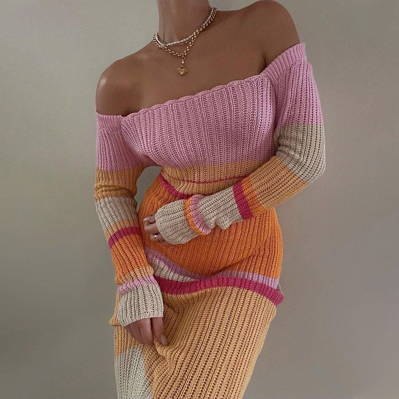 swvws Y2K Off The Shoulder Women Dress  Summer Knit Colored Striped Long Sleeve Female Dresses Elegant Sexy Beach Lady Maxi Robe