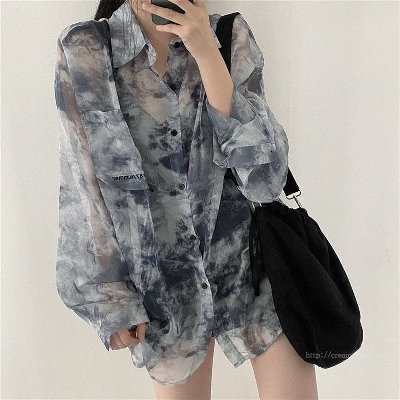 swvws Shirts Women Fashion Tie Dye Harajuku Gothic Top New Korean Loose Casual Clothes Sun-Proof Embroidery All-Match Summer Holiday