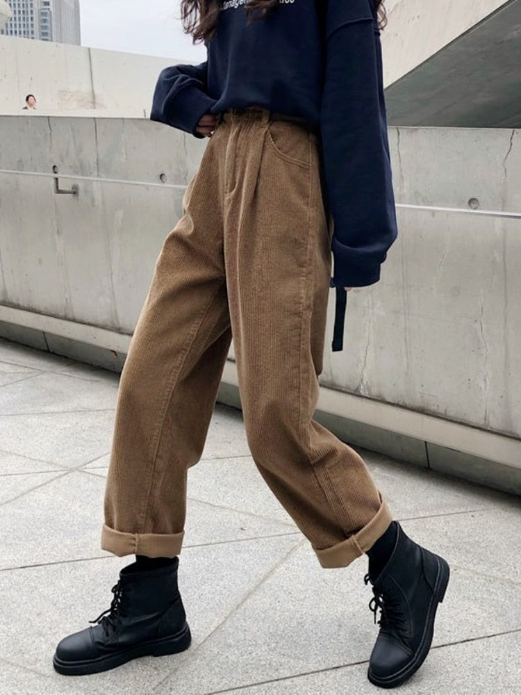 swvws Autumn Baggy Brown Corduroy Pants Women Korean Fashion Oversize High Waist Black Joggers Wide Leg Trousers For Female