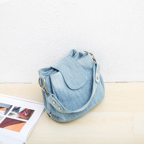 swvws  Casual Denim Bucket bag for women Shoulder Crossbody Bag Multiple pockets  ladies handbag Luxury design Female big Totes blue