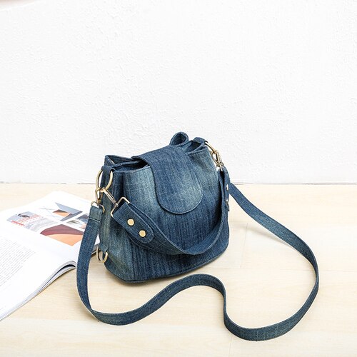 swvws  Casual Denim Bucket bag for women Shoulder Crossbody Bag Multiple pockets  ladies handbag Luxury design Female big Totes blue