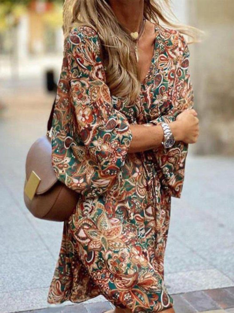 swvws Boho Dress Vintage Printed Dress Women Sexy V-Neck Ruffle Spring Casual Long Sleeve Holiday Beach Dresses Vestido Feminino