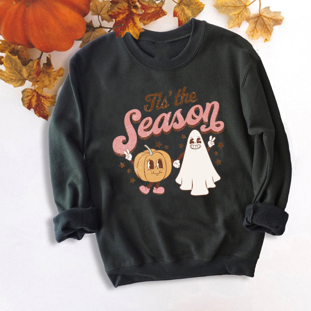 swvws Halloween Costume Colored Tis' The Season Pumpkin Spice Sweatshirt Retro Fall Women Long Sleeve Autumn Halloween Pullovers Streetwear Outfits