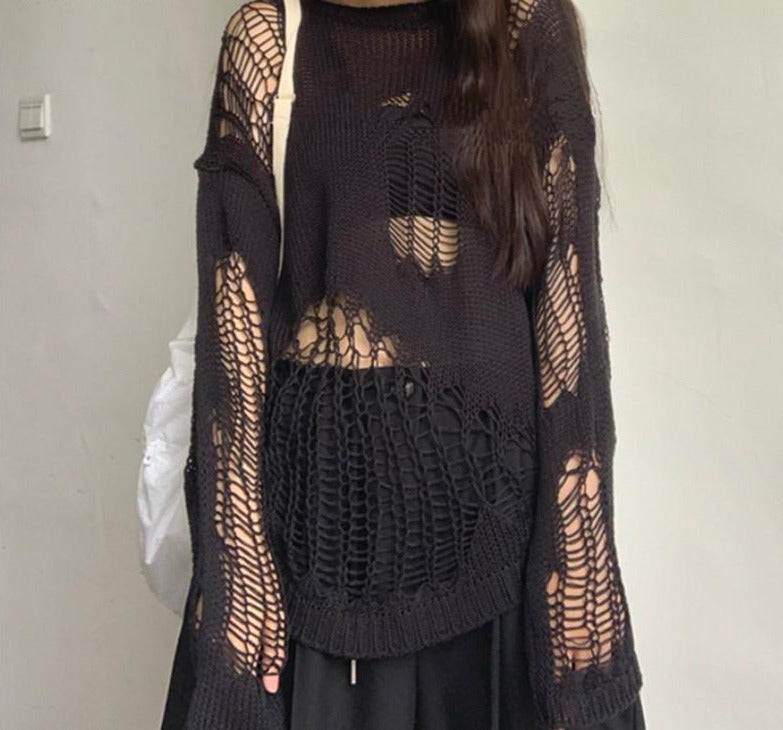 swvws Gothic Hollow Out Sweater Hole See Through Oversized Knitted Pullovers Emo Streetwear Grunge Clothes Y2k Tops Spring