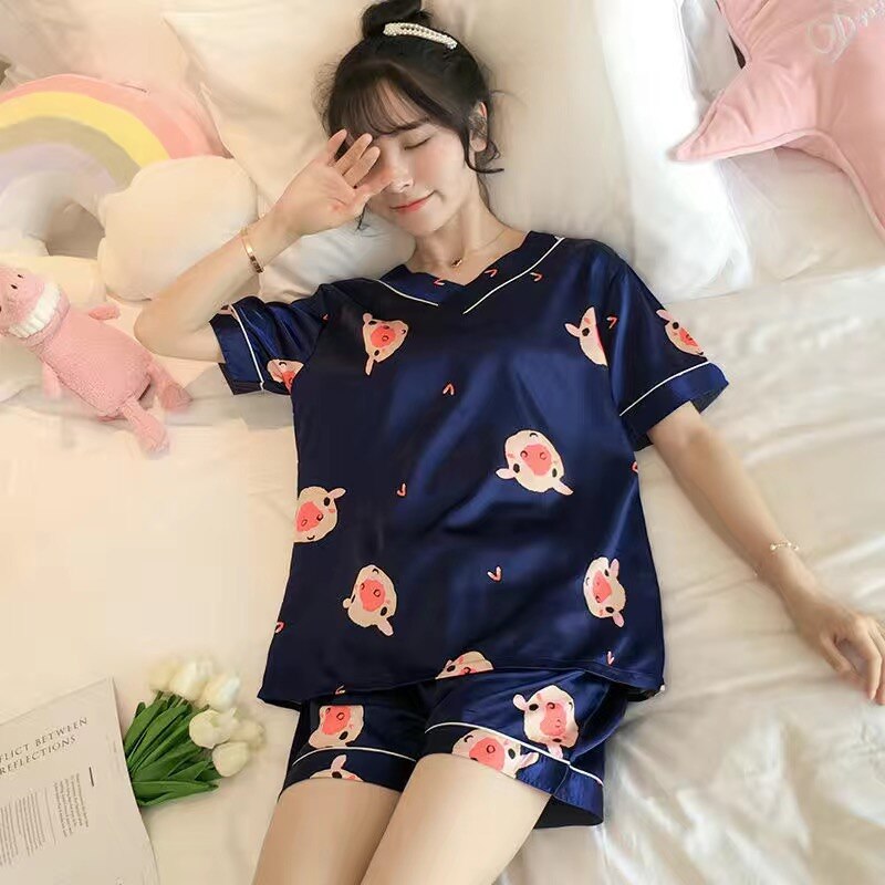 swvws Pajamas Women's Summer Silk V-Neck Short-Sleeved Two-Piece Suit Students Sweet And Cute Ice Silk Home Clothes Women