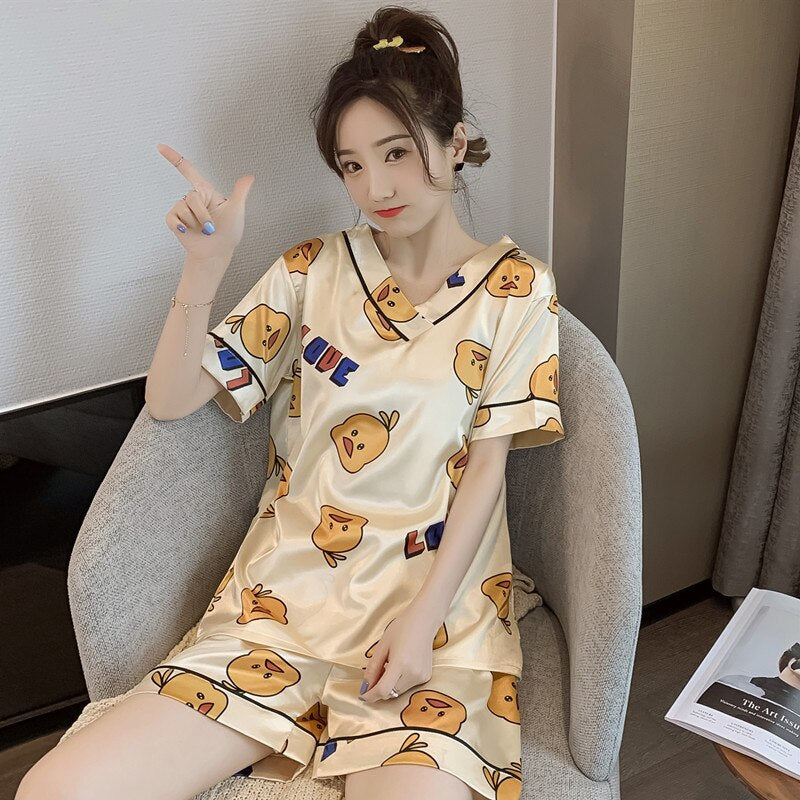 swvws Pajamas Women's Summer Silk V-Neck Short-Sleeved Two-Piece Suit Students Sweet And Cute Ice Silk Home Clothes Women