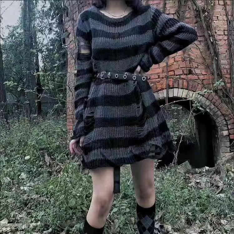 swvws Punk Gothic Sweater Emo Tops E-Girls Mall Goth Pullovers Y2k Harajuku Grunge Clothes Alt Dark Aesthetic Striped Jumpers