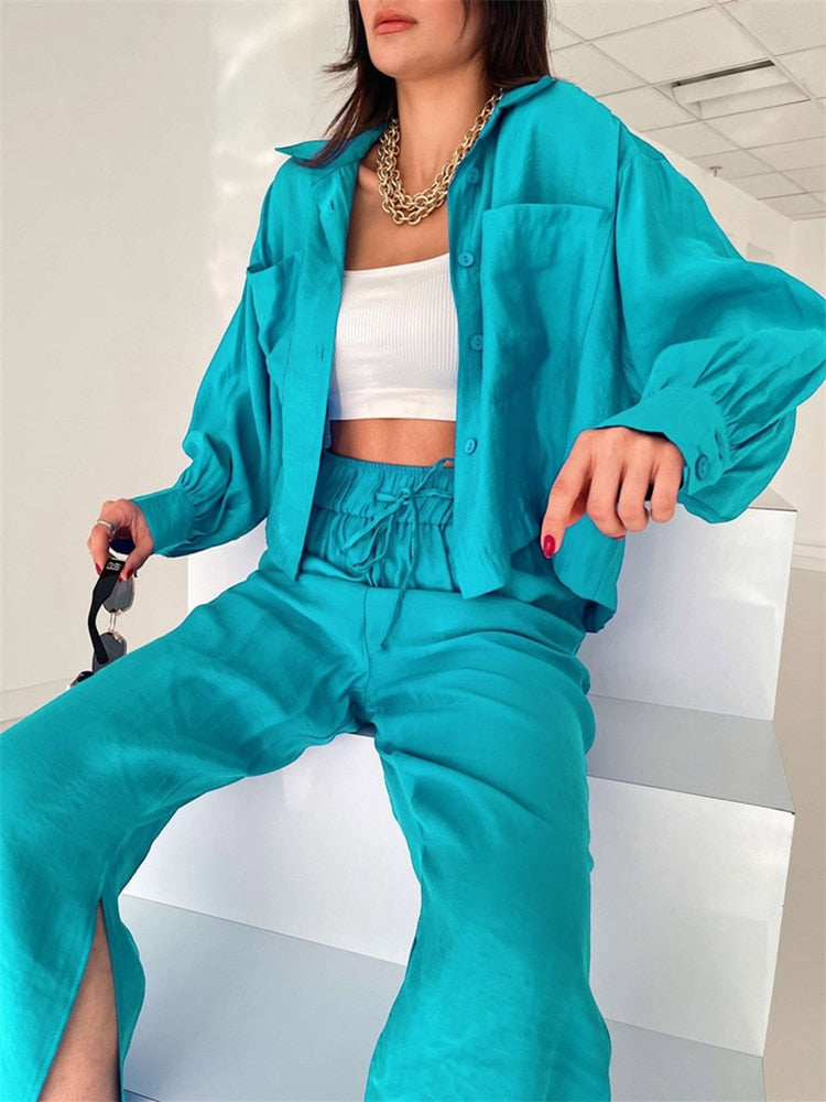 swvws Back To School Women Casual Suit Solid Color Lapel Long Sleeve Shirt Top And Harem Pants Two Piece Set Fashion Lounge Wear