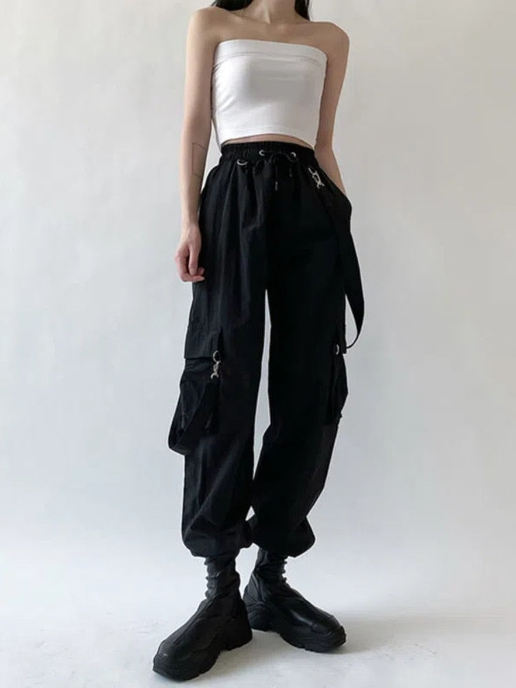 swvws Goth Cargo Pants Women Punk Capris Pants Harajuku High Waist Pants Oversize Detachable Strap Casual Trousers Emo Techwear