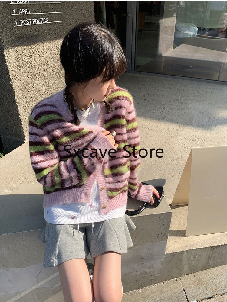 swvws  Autumn Faux Fure Knitted Cardigan Women Casual Long Sleeve Button Kawaii Clothing Striped Sweater Female Korean Style Tops