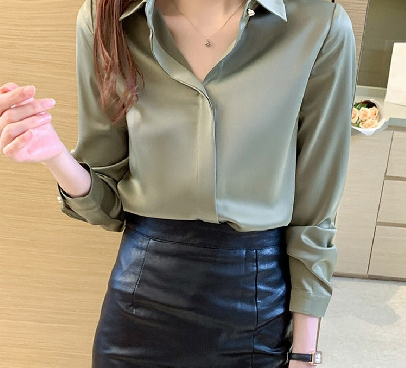 swvws Office Lady Silk Women Shirt Blouse Tops Button Shirts Female Long Sleeve Satin Blouses For Women Clothing Chemise Femme 17276