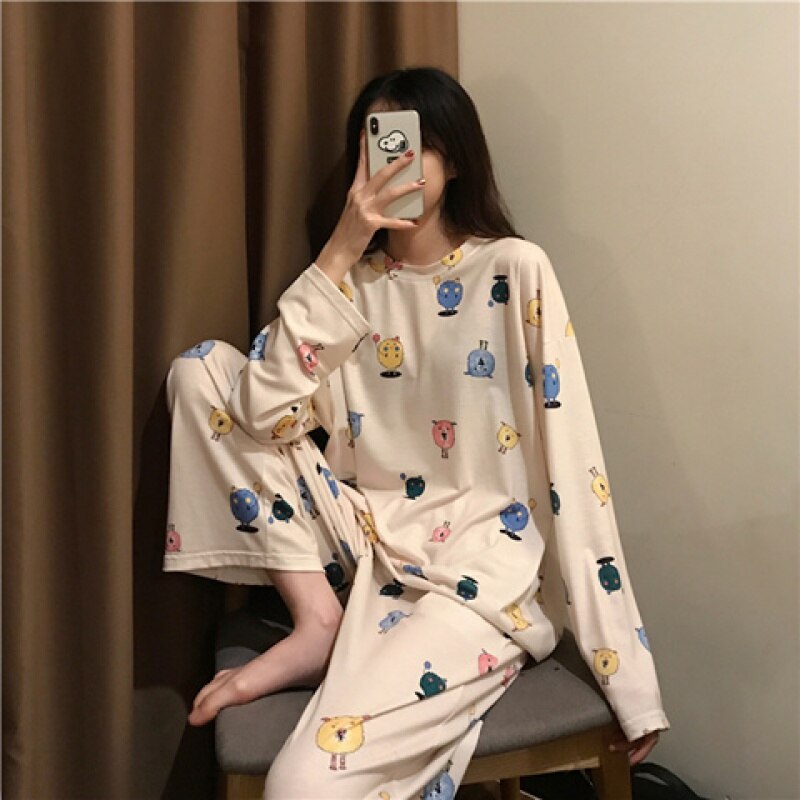 swvws Spring And Autumn Pajamas Women's Long-Sleeved Trousers Two-Piece Set Of Milk Silk Thin Section Breathable Student Home Clothes