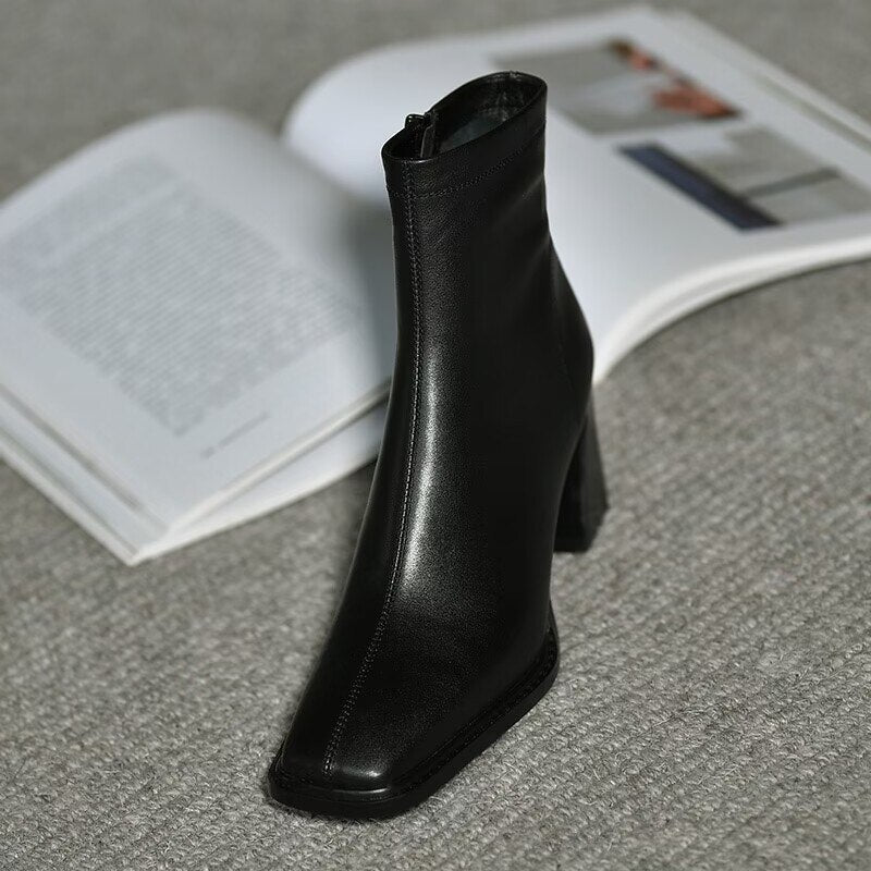 swvws Ankle Boots for Women Square Toe Fashion Shoes Autumn Winter Short Boots Zipper Square Heels Comfortable Lady Shoes