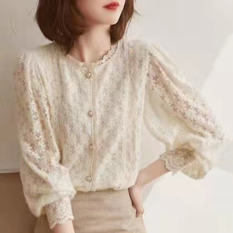 swvws Elegant Lace Crochet Women's Blouse Sweet Autumn Vintage Flowers Button Shirt O Neck Casual Loose Long Sleeve Blouses Tops 16619