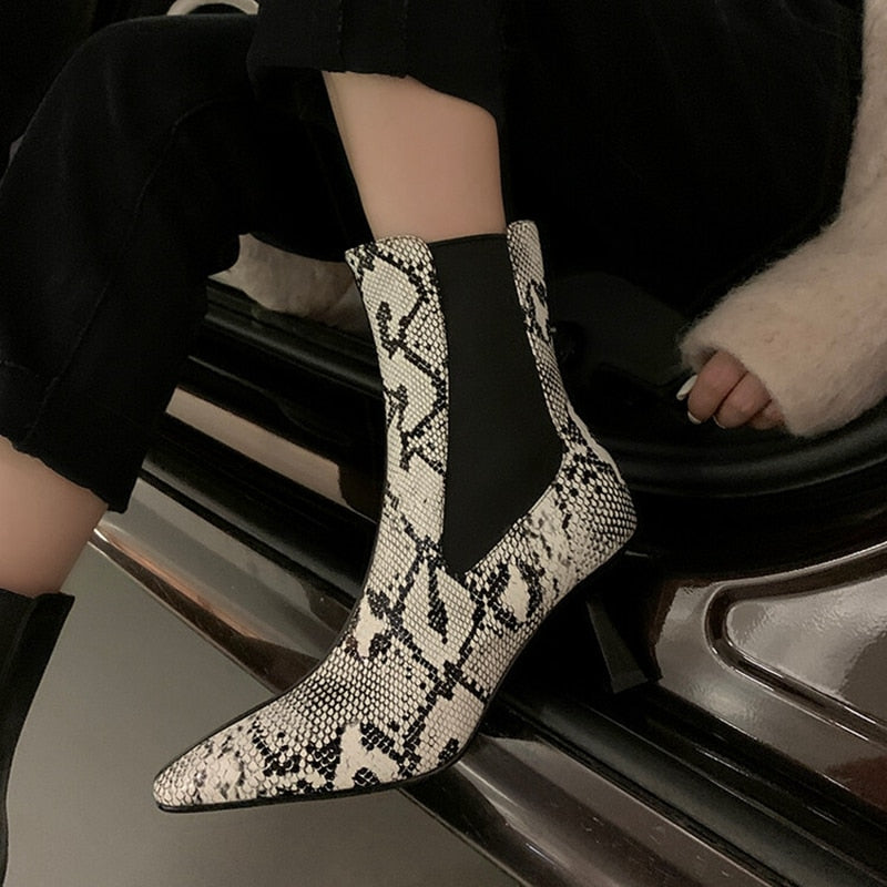 swvws  Autumn Shoes    Autumn Women Boots Pointed Toe Thin Heel Cow Leather Boots Elegant Snake-print Leather Shoes for Women High Heel Boots