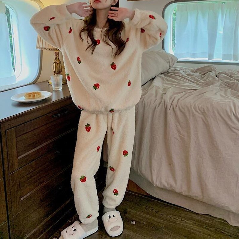 swvws Women Pajama Sets Chic Kawaii Simple Strawberry Korean Style Chic Loose Females Cozy Sweet O-Neck Homewear Soft Warm New Thicker