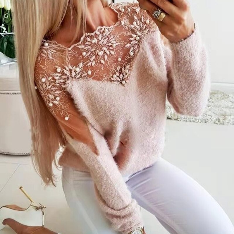 swvws Floral Pattern Stitching Sweater Women's Lace Mesh Slim Knit Warm Long-Sleeved Suit Elegant Winter Vintage Sweater Top