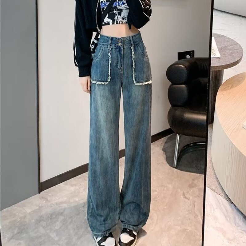 swvws High End Denim Women's Summer Raw Edge Stitching Design For Lifting Buttocks And Slimming Straight Wash Pants