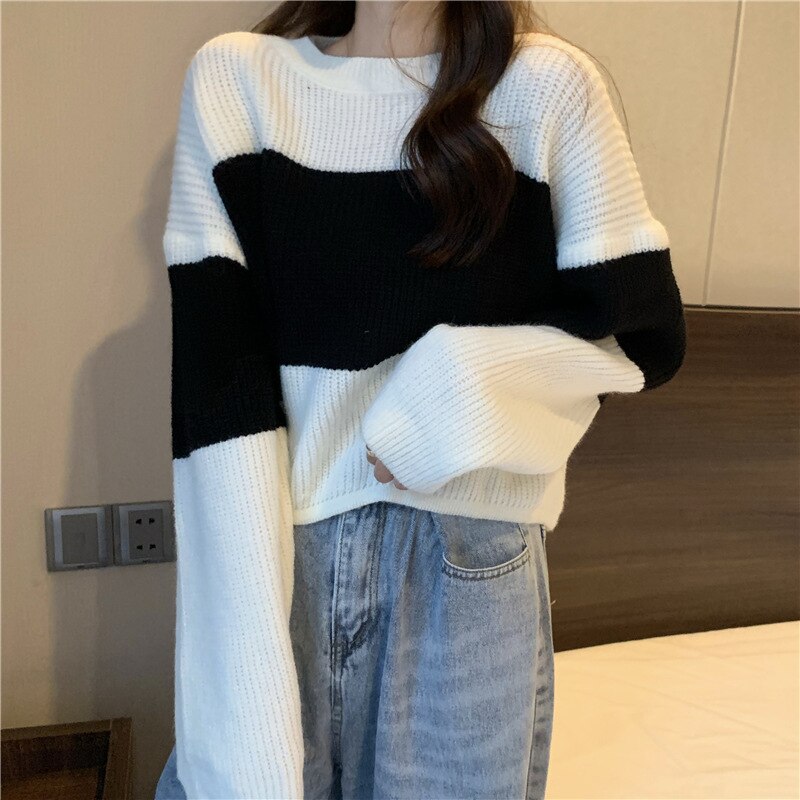 swvws Autumn Winter Knitted Sweater Women Casual Stripe Pullover Korean Vintage Loose Short Knitwear Female Long Sleeve O Neck Sweater