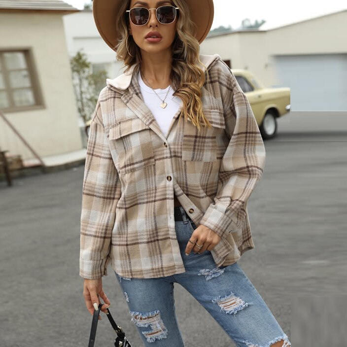 swvws Autumn Plaid Hooded Shirts Women Casual Buttoned Jackets  Vintage Loose Coats Long Sleeve Lapel Tops Female Pockets Outerwears